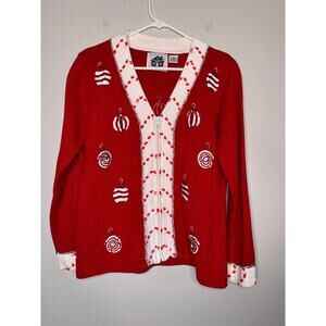 2000s Storybook Knits Red Candy Canes Christmas Ornaments Gaudy Cardigan S